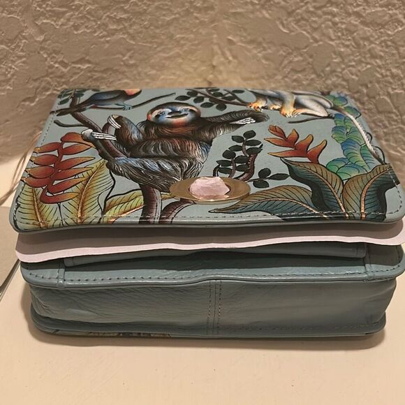 Anuschka Painted Sloth Jungle Print Front Flap Messenger Bag Blue Leather NWT - Picture 10 of 15